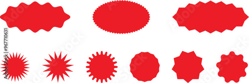 Starburst red sticker set - collection of special offer sale oval and round shaped sunburst labels and badges. Promo stickers with star edges. Vector.