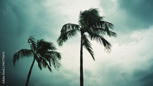 Silhouetted palm trees swaying under a heavily clouded sky, evoking a sense of tropical allure mixed with an imminent storm. photo