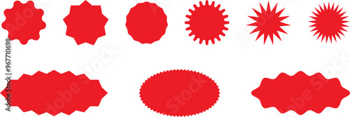 Starburst red sticker set - collection of special offer sale oval and round shaped sunburst labels and badges. Promo stickers with star edges. Vector.