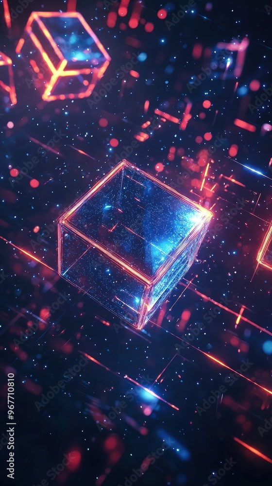 Fototapeta premium Futuristic Digital Cube in a Space of Light and Data.