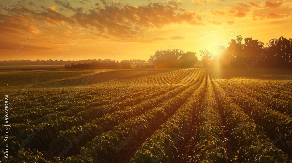 A serene sunset scene over a soybean field, light casting a warm glow on crops and clouds. Neat rows lead to distant trees, evoking agricultural beauty. A serene sunset scene over a soybean field, light casting a warm glow on crops and clouds. Neat rows lead to distant trees, evoking agricultural beauty.
