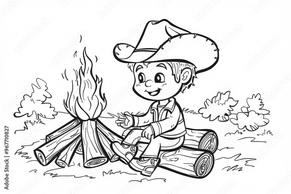 A cheerful young boy with a cowboy hat enjoys a campfire, surrounded by logs and foliage in a playful outdoor scene.