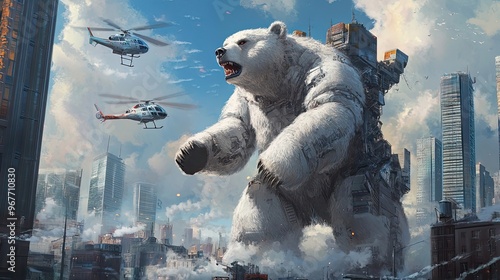 Giant Polar Bear Rampaging Through a City photo