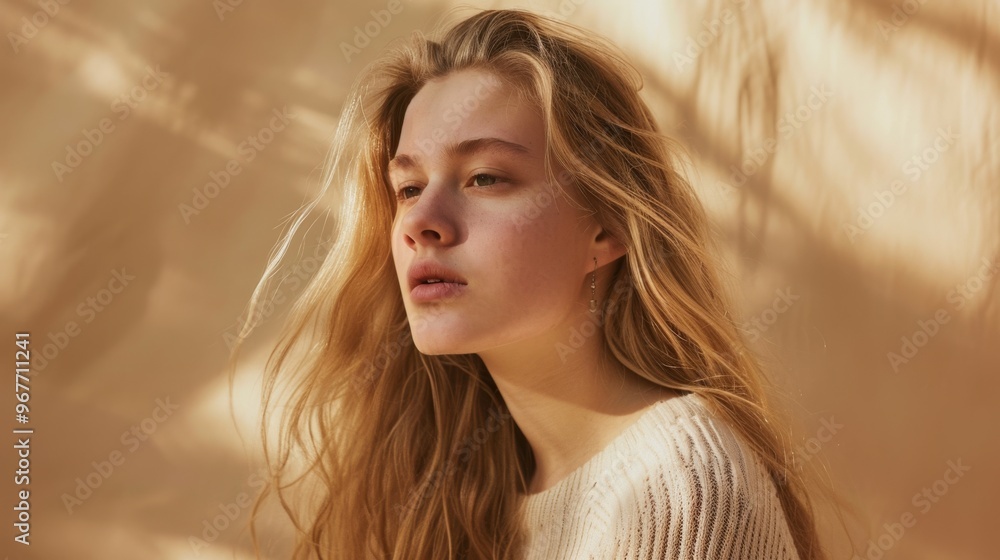 A soft portrait of a young woman, her hair catching the ambient light, exudes a serene and pensive mood in a gentle atmosphere. A soft portrait of a young woman, her hair catching the ambient light, exudes a serene and pensive mood in a gentle atmosphere.