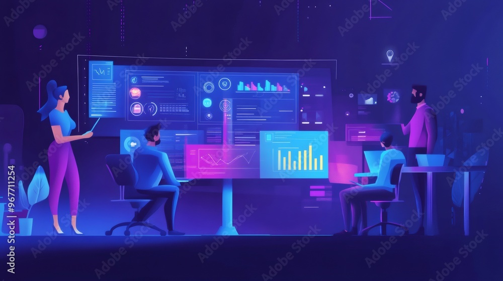 A team of four people are working on a computer with charts and graphs. They look at the monitor with an expression of concentration. A team of four people are working on a computer with charts and graphs. They look at the monitor with an expression of concentration.