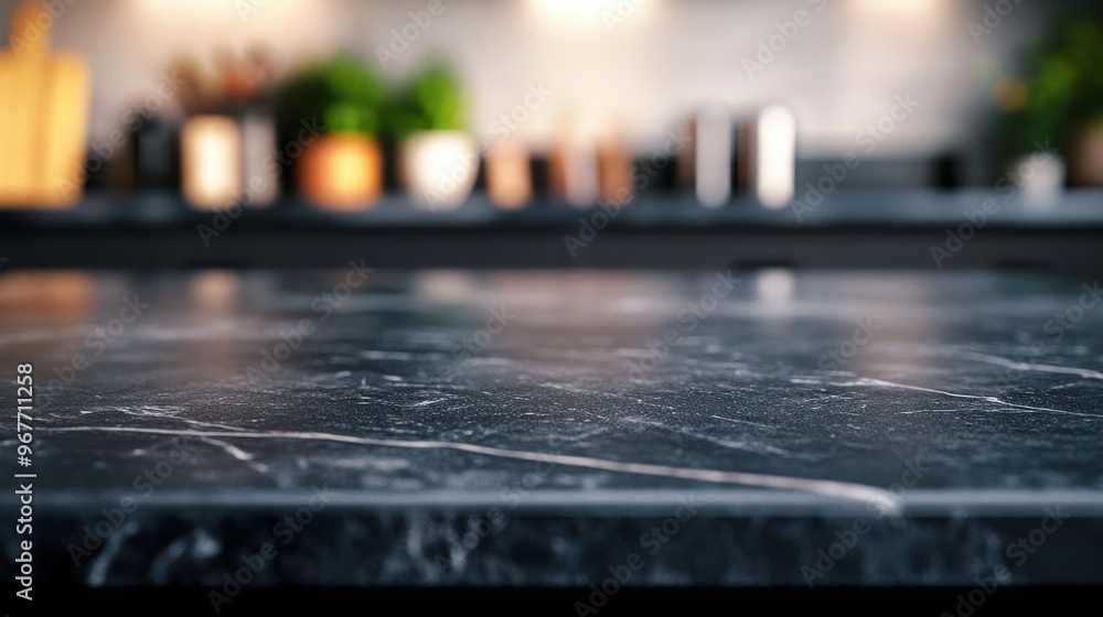Black marble stone table top with blurred bokeh background of modern kitchen interior for product display or montage your products and landscapes. Black marble stone table top with blurred bokeh background of modern kitchen interior for product display or montage your products and landscapes.