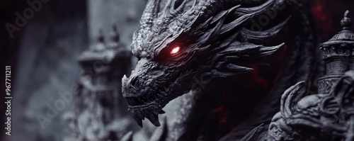 Close-up of fierce dragon with glowing red eyes, fantasy creature. Mythical beast concept photo