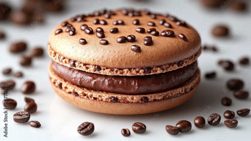 A delightful macaron filled with smooth chocolate and topped with coffee beans A delightful macaron filled with smooth chocolate and topped with coffee beans