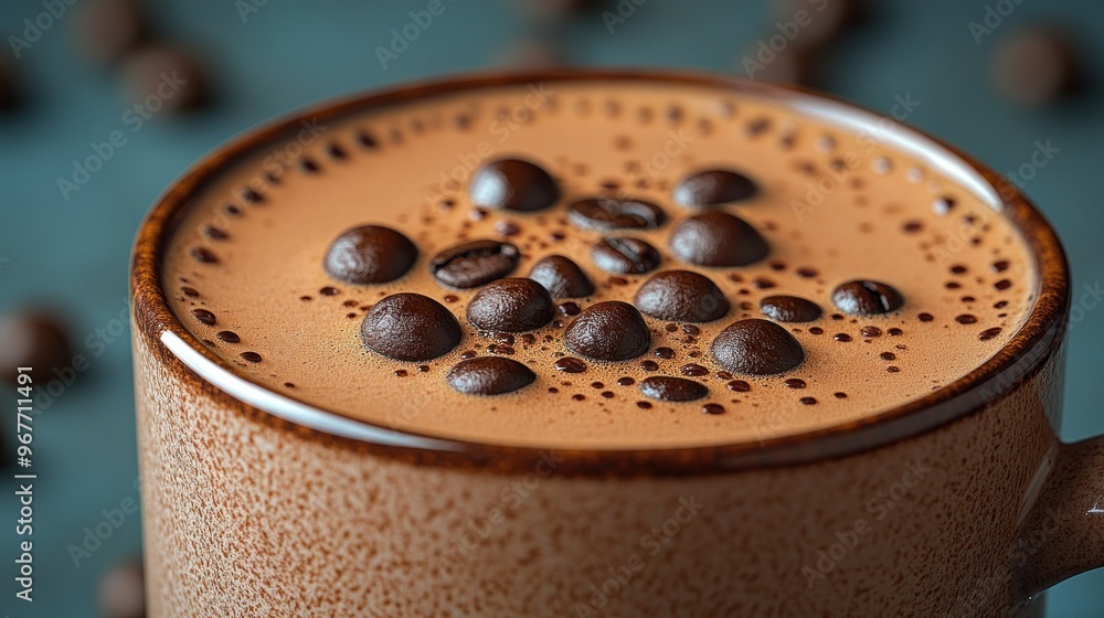 A warm cup of coffee with rich foam and roasted beans floating on top A warm cup of coffee with rich foam and roasted beans floating on top