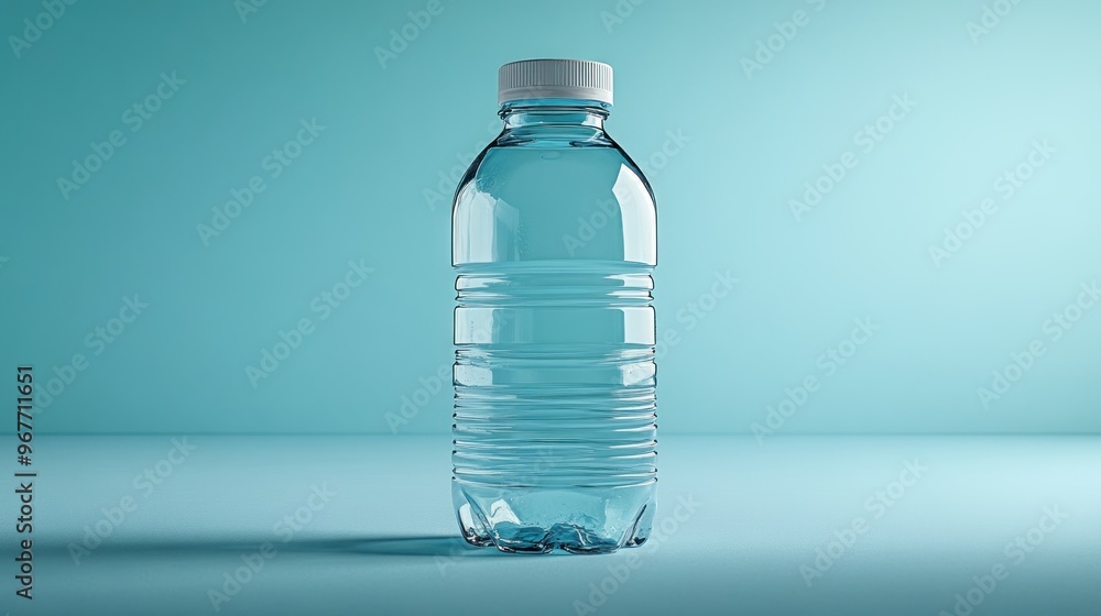 A clear bottle filled with water is prominently displayed on a soft blue background A clear bottle filled with water is prominently displayed on a soft blue background