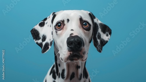 A headshot of a Dalmatian dog with a black nose, expressive eyes, and flopped ears on a blue background. Black spots on its ears and face. White fur, no other objects in the image.