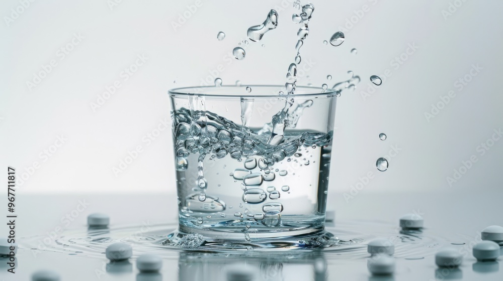 Tablet Falling and Dissolving into a Glass of Water against White Background, Tablet Falling and Dissolving into a Glass of Water against White Background,