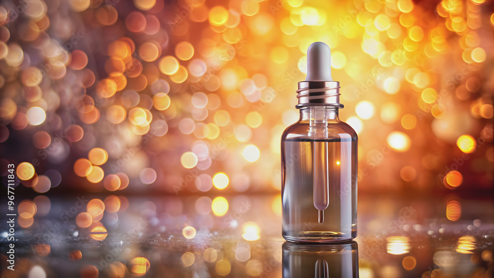 Glass dropper bottle with clear liquid against warm, pink and orange bokeh lights in background, glass, dropper, bottle, clear Glass dropper bottle with clear liquid against warm, pink and orange bokeh lights in background, glass, dropper, bottle, clear