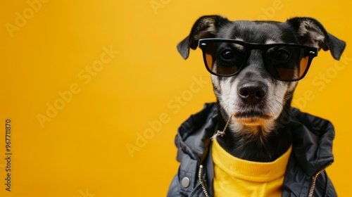 A stylish terrier mix dog wearing a yellow hoodie and grey jacket, sporting sunglasses and unique ear positions, creates a cute and amusing image against a bright backdrop.