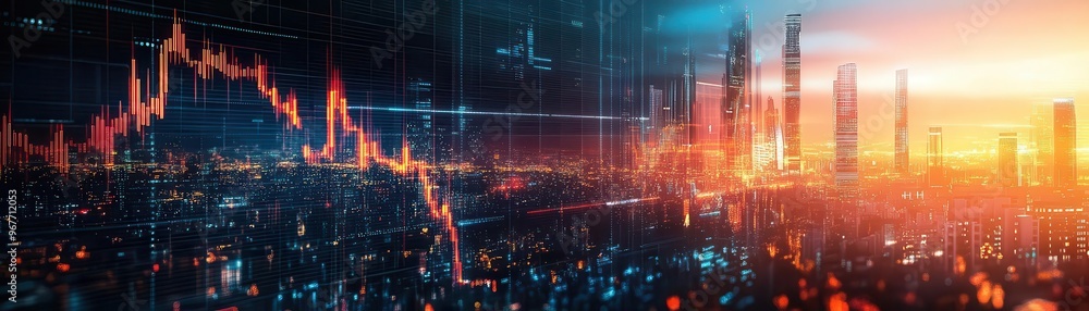 Obraz premium Business downfall, holographic price drop, futuristic economic collapse, neon tech background