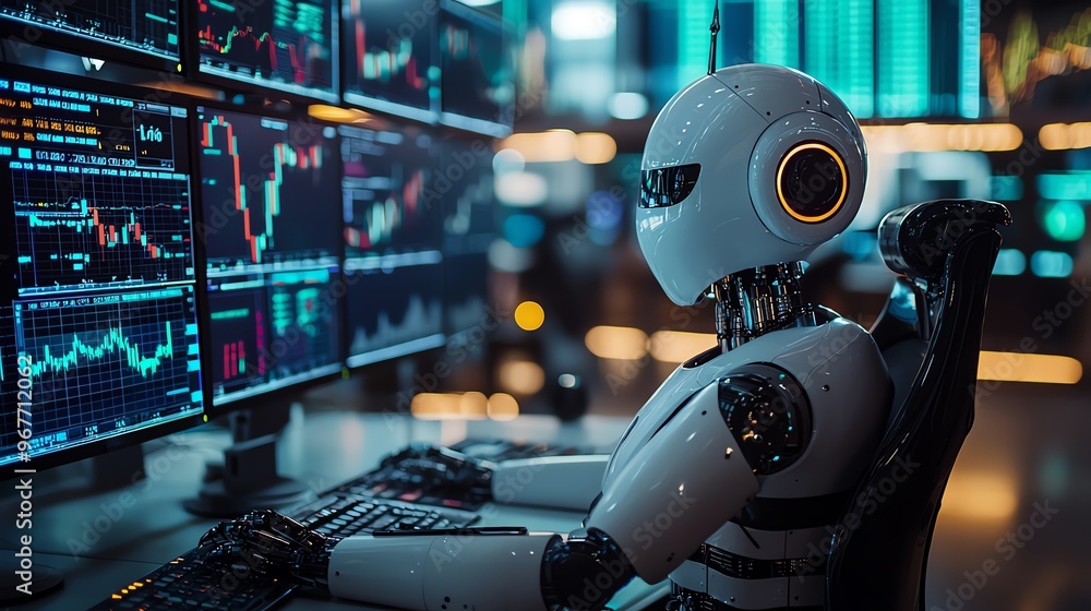 Futuristic robot analyzing financial data on multiple screens in a high-tech environment. Futuristic robot analyzing financial data on multiple screens in a high-tech environment.