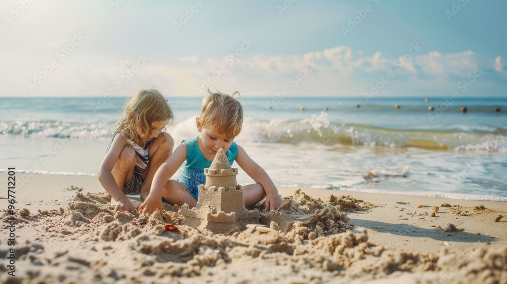 Two children intently building a sandcastle on the beach, with soft waves and a clear sky in the background, capturing a moment of childhood joy. Two children intently building a sandcastle on the beach, with soft waves and a clear sky in the background, capturing a moment of childhood joy.