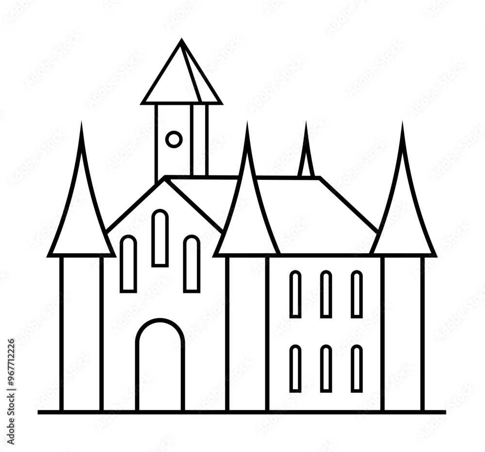 Black and white line art showing a castle with tall spires, a clock tower, and arched windows. Ideal for historical themes, architecture, children s stories, fantasy settings, and educational purposes Black and white line art showing a castle with tall spires, a clock tower, and arched windows. Ideal for historical themes, architecture, children s stories, fantasy settings, and educational purposes