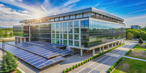 Solar power panels and HVAC systems with automation in modern office building, solar power, panels