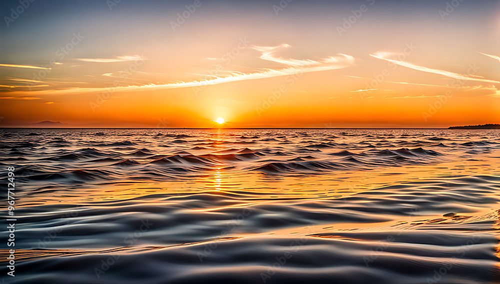 Obraz premium a serene sunset over a calm body of water ,The sun, positioned near the horizon, casts a warm, golden glow across the sky