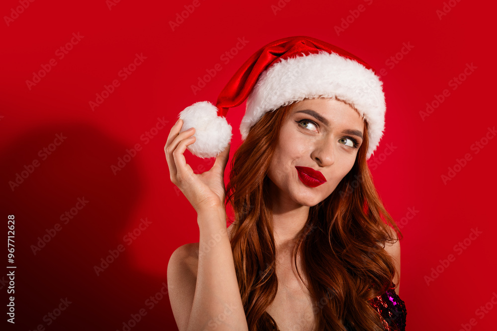 Photo of dreamy adorable charming girl wear stylish dress look up empty space offer isolated on red color background Photo of dreamy adorable charming girl wear stylish dress look up empty space offer isolated on red color background