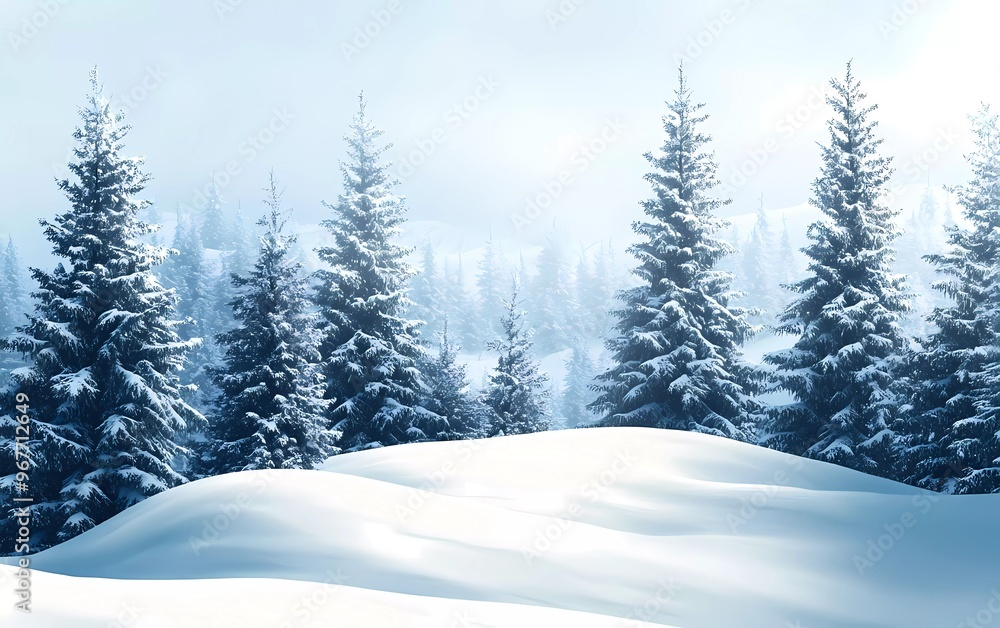Beautiful landscape with snow-covered fir trees and snowdrifts. Merry Christmas and Happy New Year greeting background with copy space Beautiful landscape with snow-covered fir trees and snowdrifts. Merry Christmas and Happy New Year greeting background with copy space