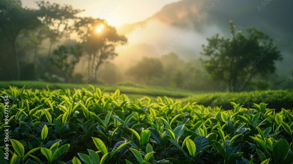 Panoramic landscape with large leaves of tea on a sunny summer day. Panoramic landscape with large leaves of tea on a sunny summer day.