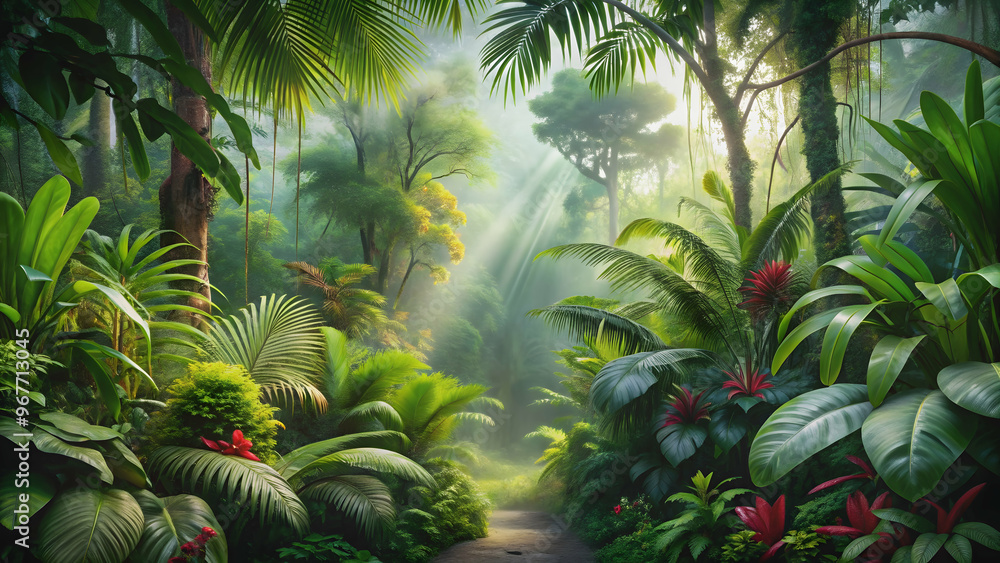 Fototapeta premium Lush and vibrant rainforest scene with tropical plants, trees, and exotic wildlife, lush, vibrant, rainforest, tropical, plants