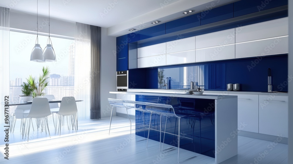 Fototapeta premium How about: Modern and luxurious kitchen interior with contemporary design, featuring a stylish table, cabinets, sink, and stove in an empty, well-furnished space?