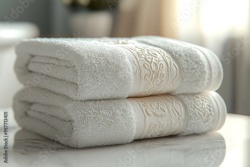 Two luxurious white towels stacked elegantly, showcasing intricate embroidery, perfect for spa and home decor themes. photo