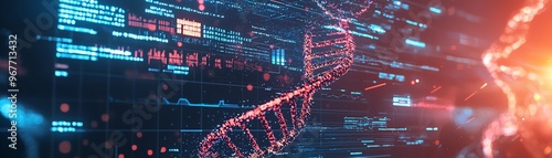 Vibrant digital representation of DNA structure, symbolizing genetics, biotechnology, and data analysis in a futuristic landscape.