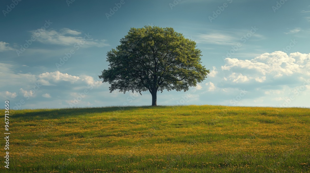 Solitary Tree in a Meadow: A Tranquil Spring Landscape Solitary Tree in a Meadow: A Tranquil Spring Landscape
