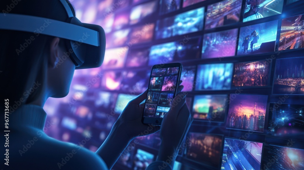 Woman exploring virtual reality with a VR headset and phone Woman exploring virtual reality with a VR headset and phone