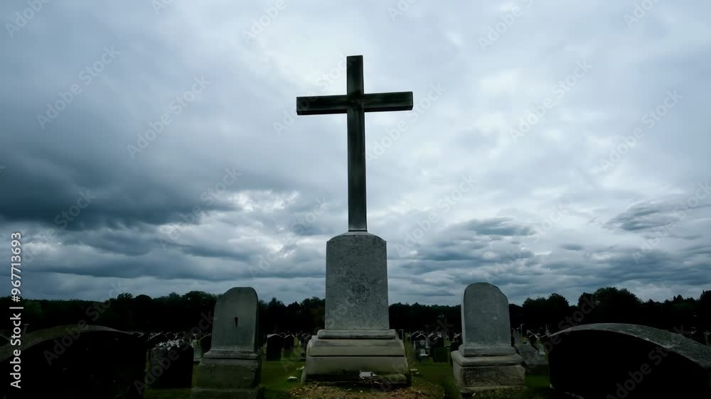 A large cross stands central in a cemetery under a cloudy sky, surrounded by gravestones. The cross in the cemetery is surrounded by three tombstones. A large cross stands central in a cemetery under a cloudy sky, surrounded by gravestones. The cross in the cemetery is surrounded by three tombstones.