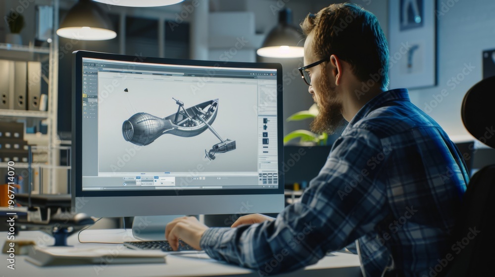 An engineer focused on designing a futuristic vehicle on a computer screen in a modern office. An engineer focused on designing a futuristic vehicle on a computer screen in a modern office.