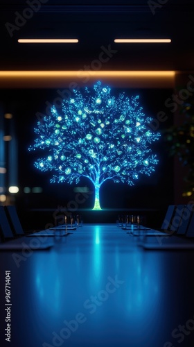 A glowing blue tree design illuminates a modern conference room, symbolizing growth and innovation in a corporate environment.