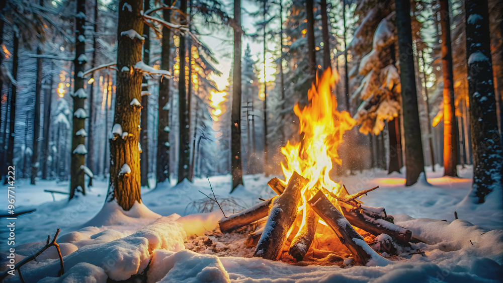 Cozy campfire burning brightly in the snowy forest, campfire, cozy, warm, winter, snow, forest, flames, woods, firewood Cozy campfire burning brightly in the snowy forest, campfire, cozy, warm, winter, snow, forest, flames, woods, firewood