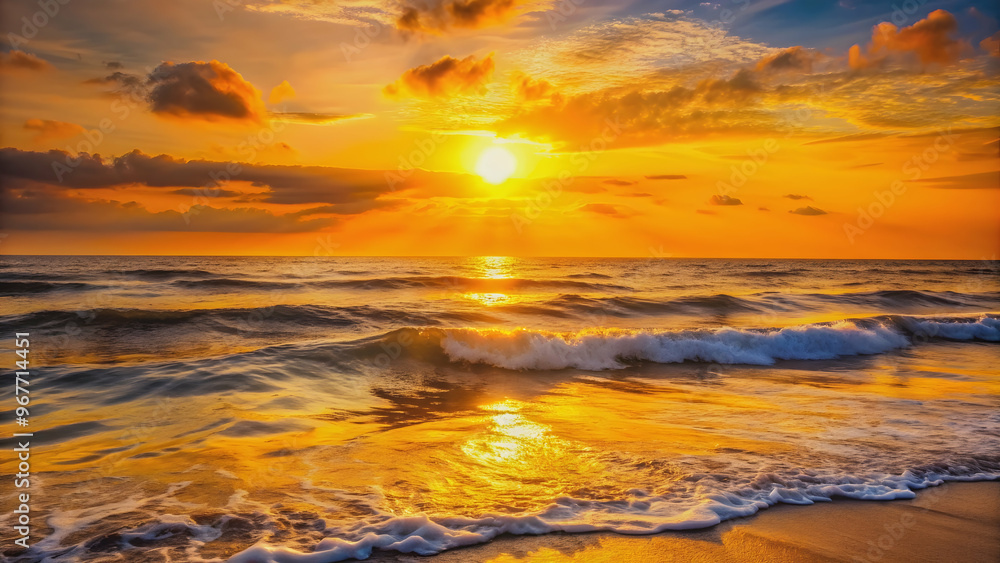 Obraz premium Beautiful sunrise over the sea with shimmering waves in yellow-orange colors , sunrise, sea, waves, sunlight, reflection, colors
