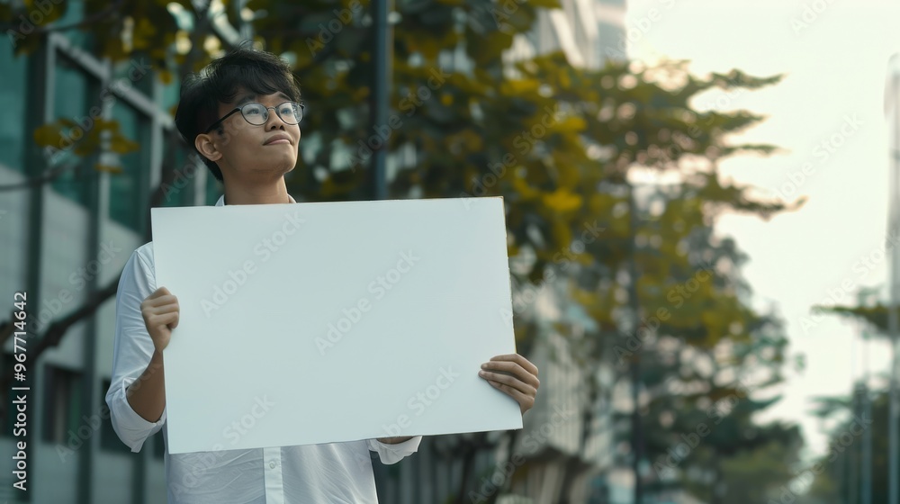 A person holding a blank white signboard in an urban setting, ready for custom messages or announcements, framed by greenery and modern architecture. A person holding a blank white signboard in an urban setting, ready for custom messages or announcements, framed by greenery and modern architecture.