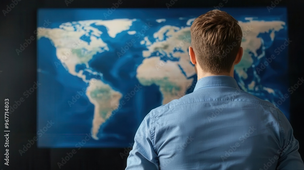 A financial advisor discussing international investments in front of a giant screen that maps global stock market indices A financial advisor discussing international investments in front of a giant screen that maps global stock market indices