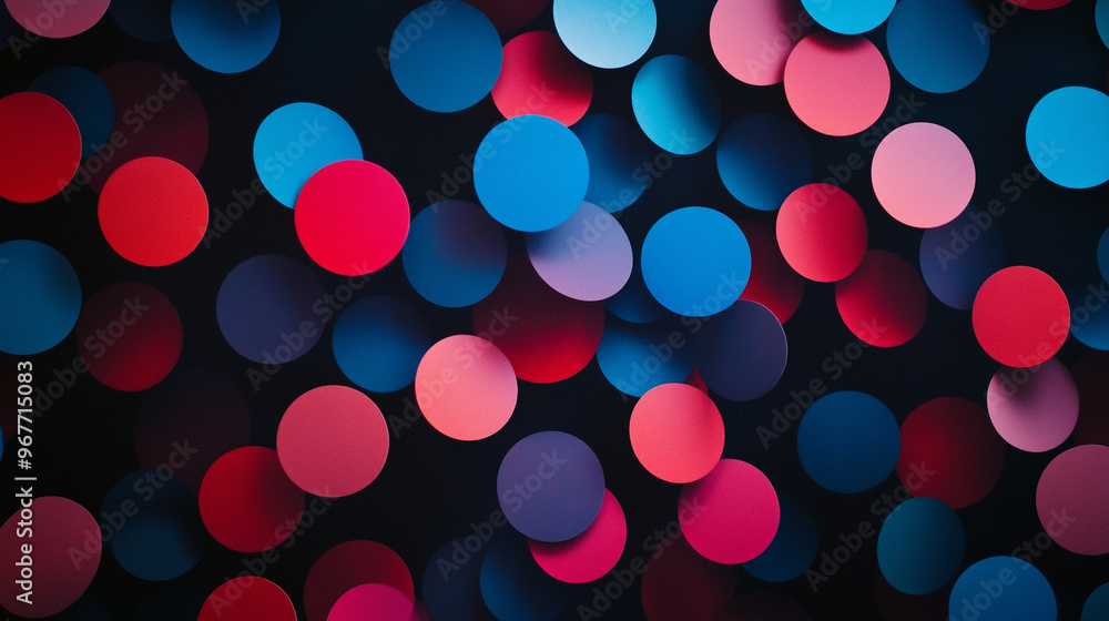 Bright abstract illustration with colorful circles on a dark background, showcasing a blend of blue, red, and pink hues in a festive arrangement Bright abstract illustration with colorful circles on a dark background, showcasing a blend of blue, red, and pink hues in a festive arrangement