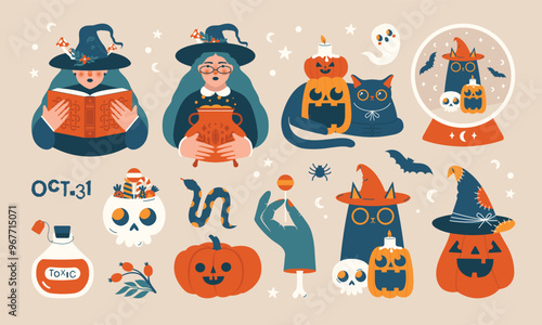 Big set of Halloween cliparts. Cartoon cute illustrations with black cat in witch hat, skull, pumpkins, candle, ghost, hand with bone, bat, spider. Witches with magic old book and cauldron with potion