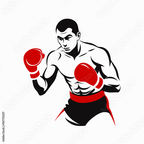 Boxer preparing to fight, focused expression, powerful stance, monochrome illustration, copy space