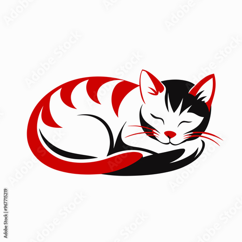Stylized sleeping cat, peaceful expression, minimalist illustration, monochrome design, copy space
