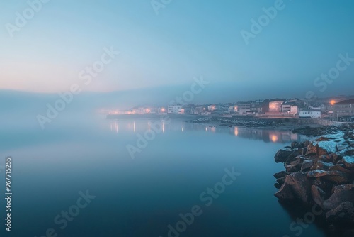 Misty Dawn over Coastal Town.