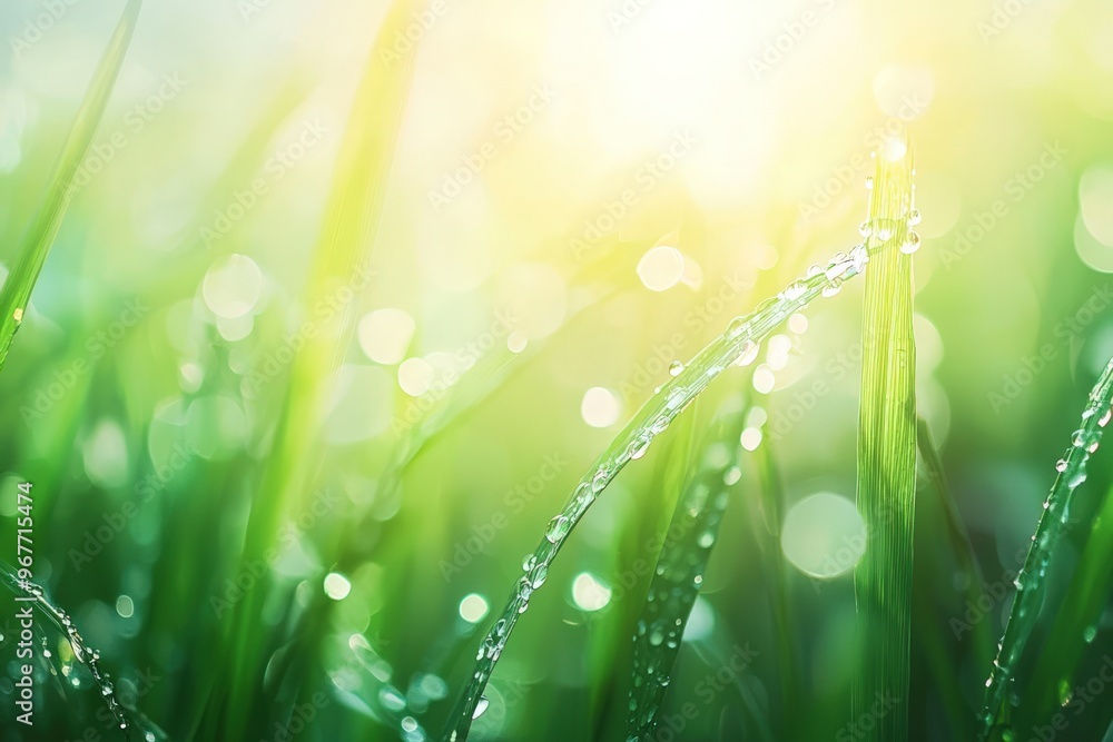 Fototapeta premium Dew Drops on Green Grass with Bokeh Background. copy space.
