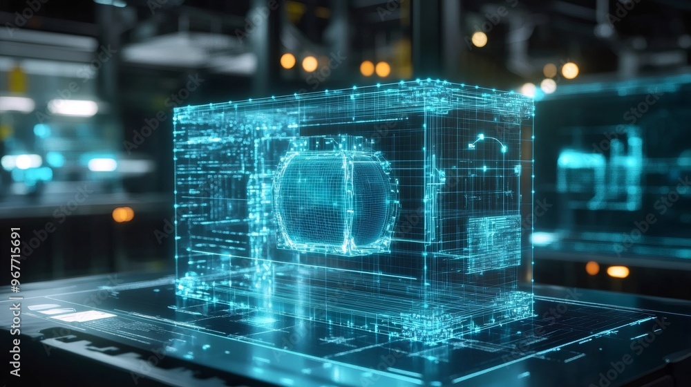 Obraz premium Holographic 3D model of a device with digital blue lines on a dark background.