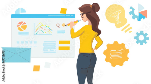 A woman in casual attire examines charts on a digital display while brainstorming new ideas in a modern office setting