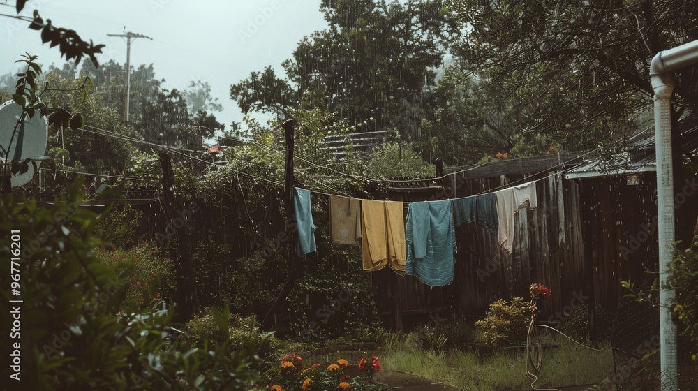 A rainy backyard scene with clothes hanging on a line, surrounded by lush greenery and vibrant flowers, creating a calming and serene atmosphere. A rainy backyard scene with clothes hanging on a line, surrounded by lush greenery and vibrant flowers, creating a calming and serene atmosphere.