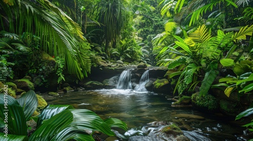 A stream flowing through a lush, tropical rainforest, with vibrant green foliage and exotic plants framing the water.